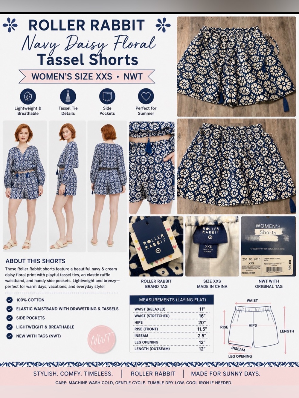 Roller Rabbit Navy Daisy Floral Tassel Shorts – Women’s XXS – NWT